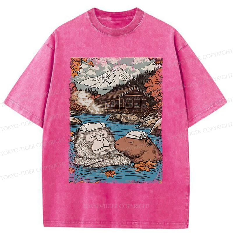 Tokyo-Tiger Monkeys And Capybaras Taking A Bath Washed T-Shirt