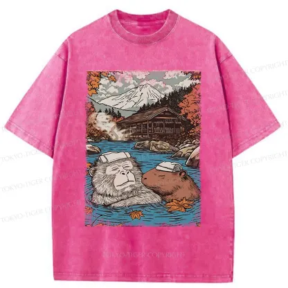 Tokyo-Tiger Monkeys And Capybaras Taking A Bath Washed T-Shirt
