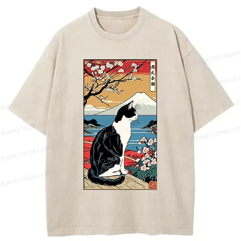 Tokyo-Tiger Thinking Cat Poster Washed T-Shirt