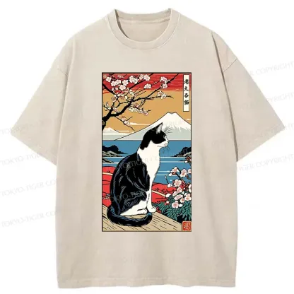 Tokyo-Tiger Thinking Cat Poster Washed T-Shirt