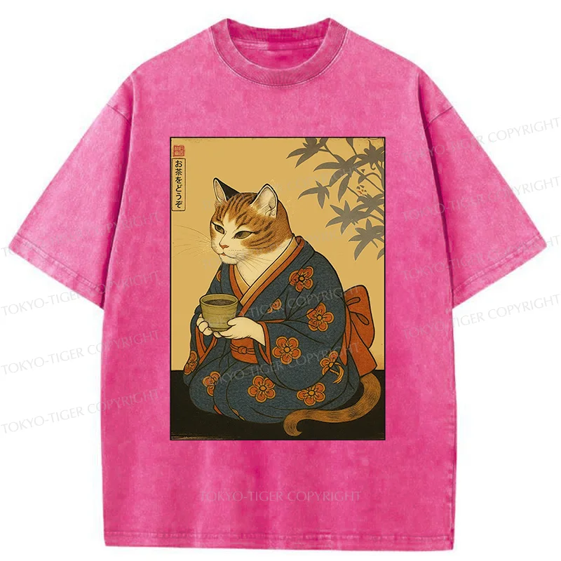 Tokyo-Tiger Ukiyoe Cat Drinking Tea Washed T-Shirt