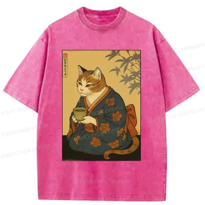 Tokyo-Tiger Ukiyoe Cat Drinking Tea Washed T-Shirt