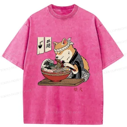 Tokyo-Tiger Shiba Inu Eating Ramen Japan Washed T-Shirt