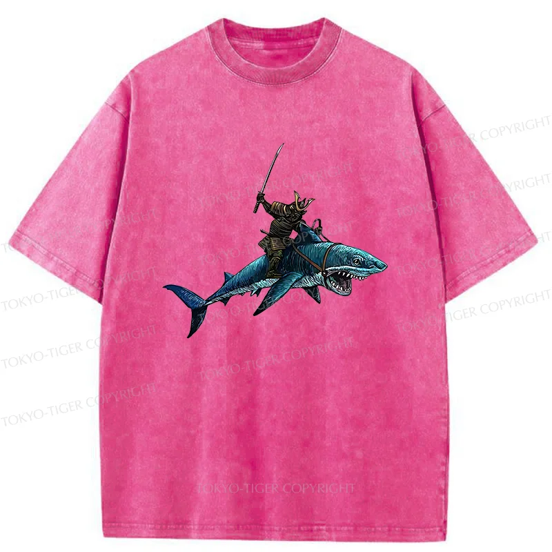 Tokyo-Tiger Samurai Riding A Shark Washed T-Shirt