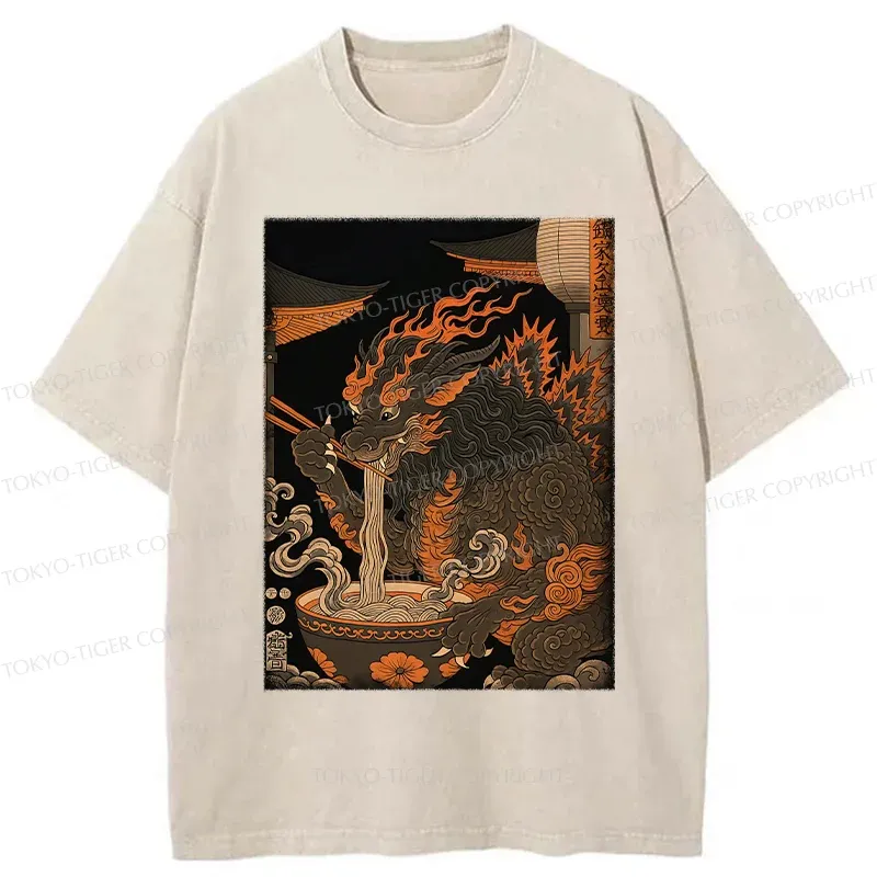 Tokyo-Tiger Kirin Eating Ramen Washed T-Shirt