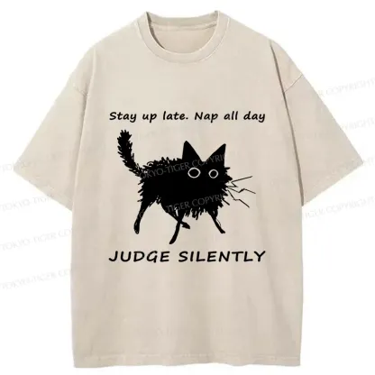 Tokyo-Tiger Lazy Black Cat Funny Washed T-Shirt