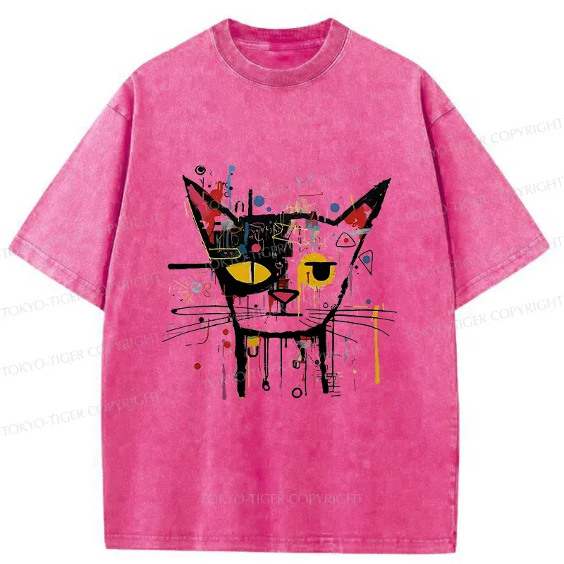 Tokyo-Tiger Abstract Cat Funny Washed T-Shirt