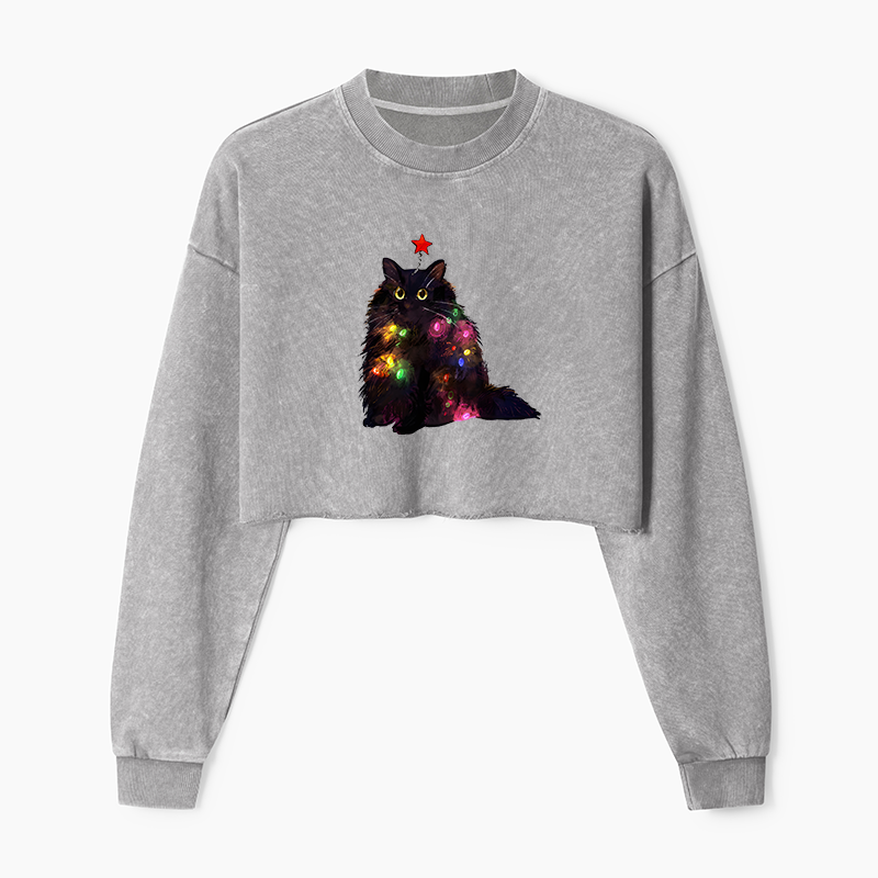 Tokyo-Tiger Christmas Lights Cat Washed Crop Sweatshirt