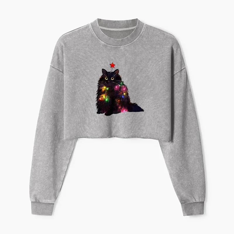 Tokyo-Tiger Christmas Lights Cat Washed Crop Sweatshirt