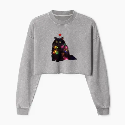 Tokyo-Tiger Christmas Lights Cat Washed Crop Sweatshirt