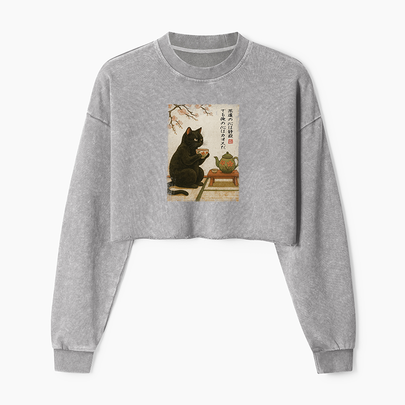 Tokyo-Tiger Tea Time With A Black Cat Washed Crop Sweatshirt