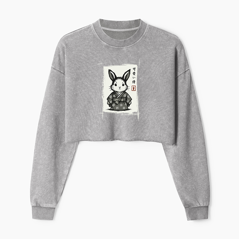 Tokyo-Tiger Woodcut Bunny Washed Crop Sweatshirt