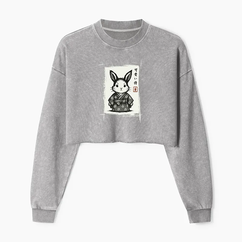Tokyo-Tiger Woodcut Bunny Washed Crop Sweatshirt