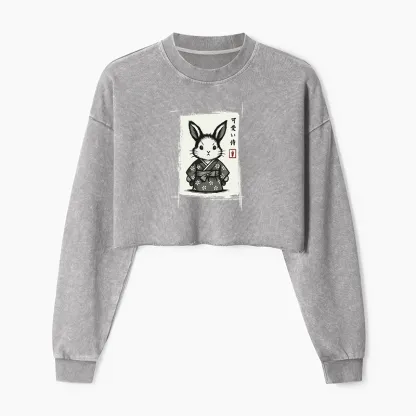 Tokyo-Tiger Woodcut Bunny Washed Crop Sweatshirt