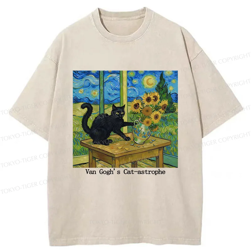 Tokyo-Tiger Cat Playing With Sunflowers Washed T-Shirt