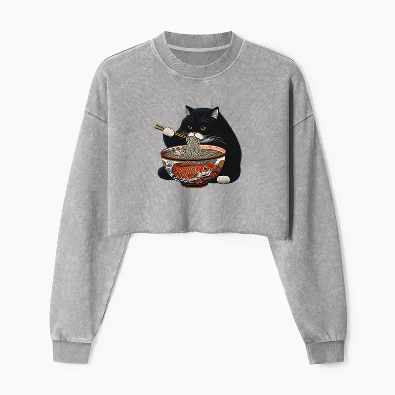 Tokyo-Tiger Fat Cat Eating Ramen Washed Crop Sweatshirt