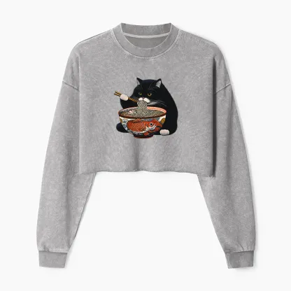Tokyo-Tiger Fat Cat Eating Ramen Washed Crop Sweatshirt