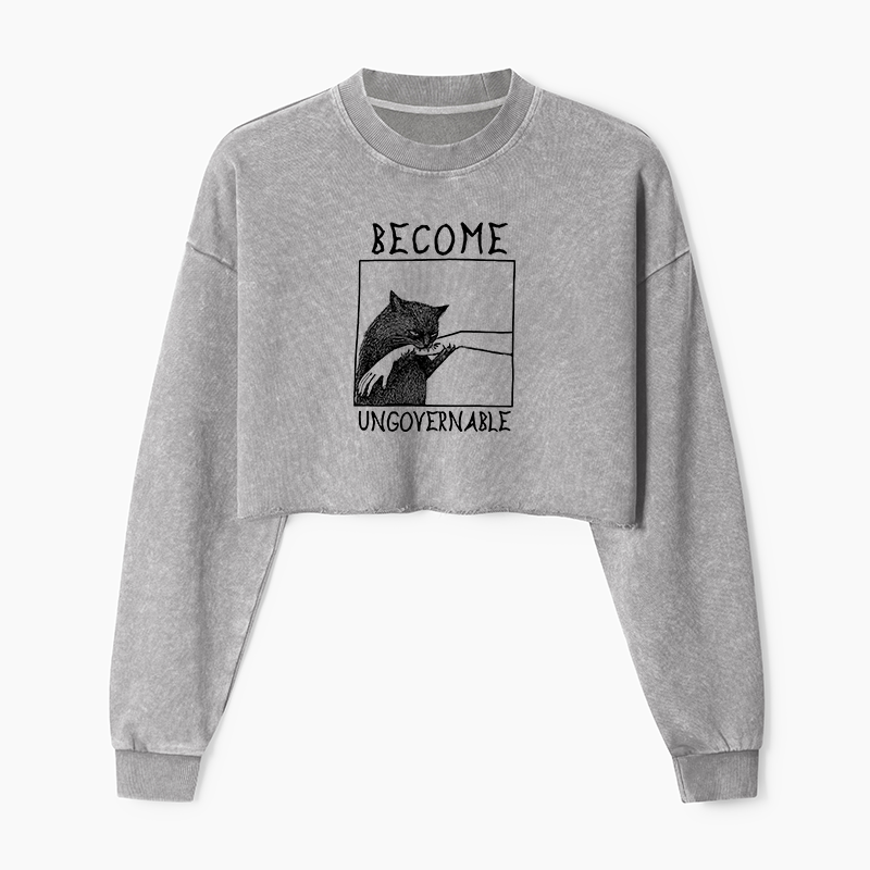 Tokyo-Tiger Cat Biting Arm Washed Crop Sweatshirt