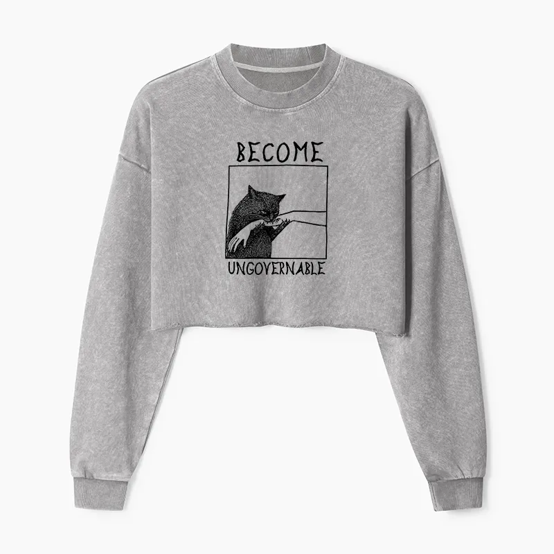 Tokyo-Tiger Cat Biting Arm Washed Crop Sweatshirt