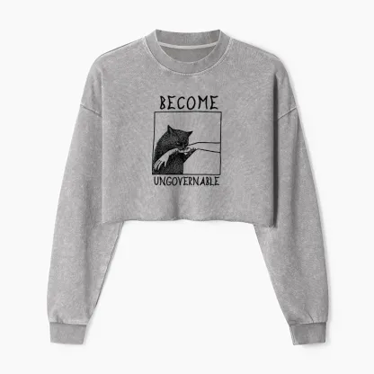 Tokyo-Tiger Cat Biting Arm Washed Crop Sweatshirt