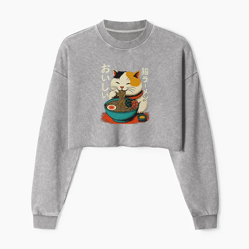 Tokyo-Tiger Cute Eat Eating Japanese Ramen Washed Crop Sweatshirt