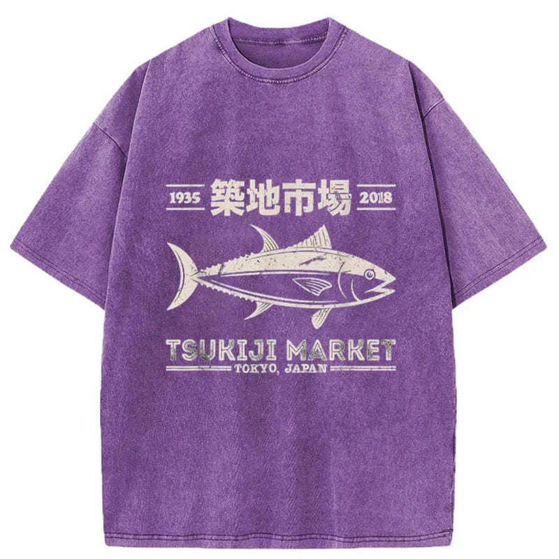 Tokyo-Tiger Retro Tsukiji Fish Market Streetwear Tokyo Washed T-Shirt
