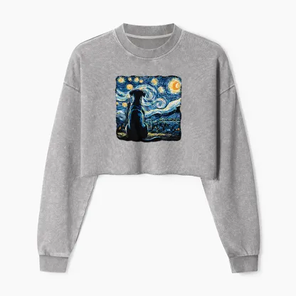 Tokyo-Tiger Starry Night Dog Washed Crop Sweatshirt