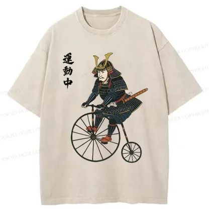 Tokyo-Tiger Samurai Riding Penny-farthing Washed T-Shirt