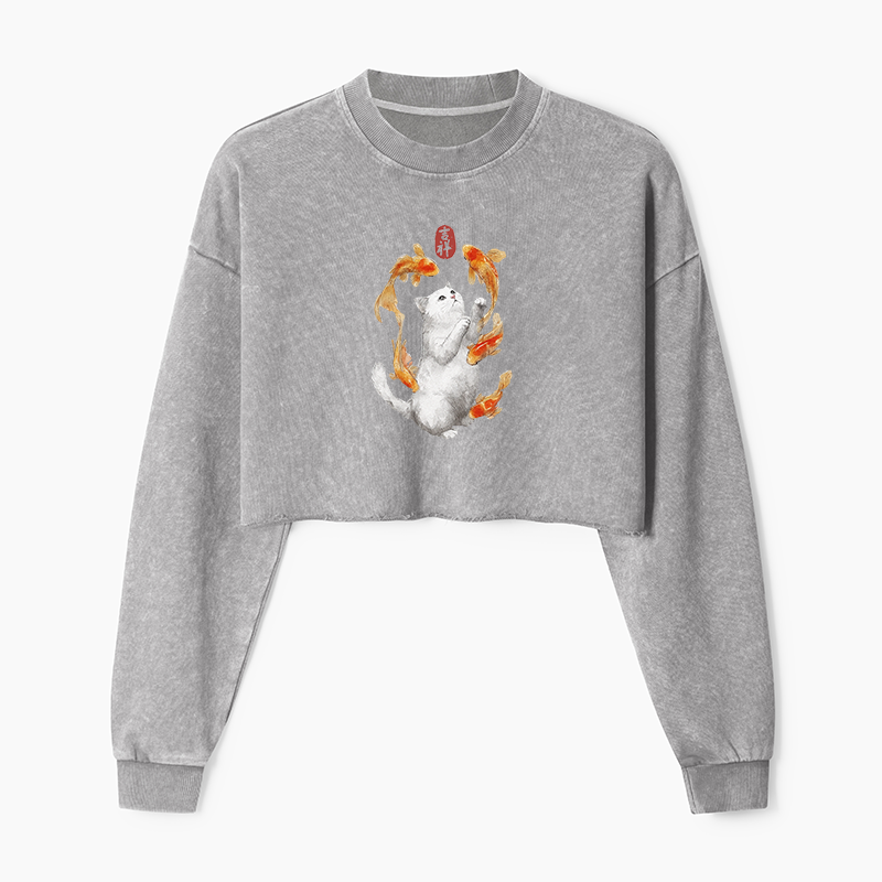 Tokyo-Tiger Zen Cat And The Dancing Fish Washed Crop Sweatshirt
