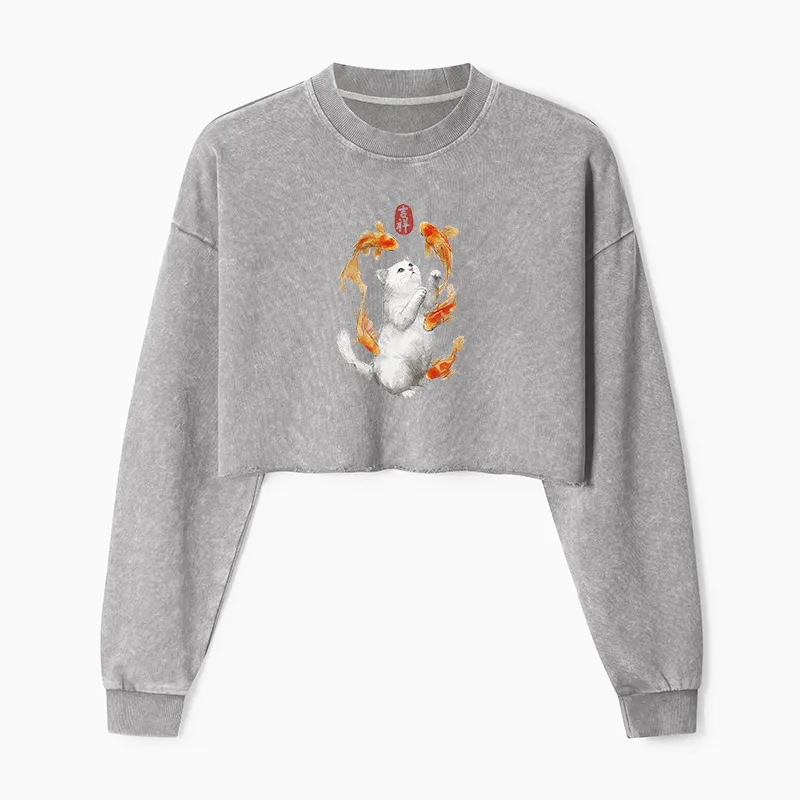 Tokyo-Tiger Zen Cat And The Dancing Fish Washed Crop Sweatshirt