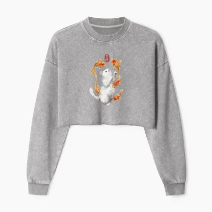 Tokyo-Tiger Zen Cat And The Dancing Fish Washed Crop Sweatshirt