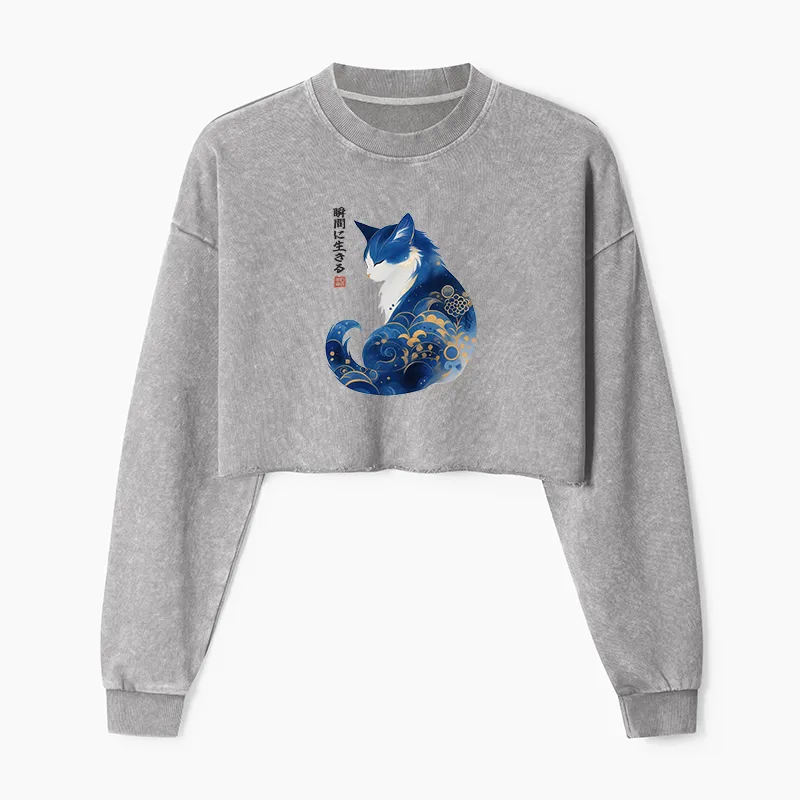 Tokyo-Tiger Retro Zen Cat: Living the Present Washed Crop Sweatshirt