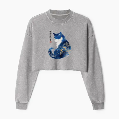 Tokyo-Tiger Retro Zen Cat: Living the Present Washed Crop Sweatshirt