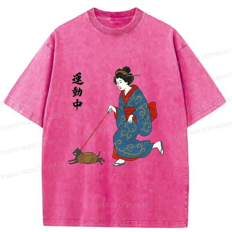 Tokyo-Tiger Geisha Walking Cat Washed T-Shirt