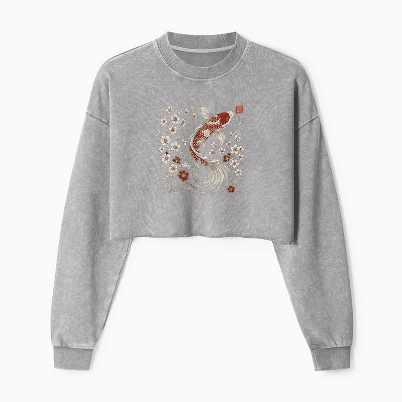 Tokyo-Tiger Vintage Sakura And Koi Washed Crop Sweatshirt