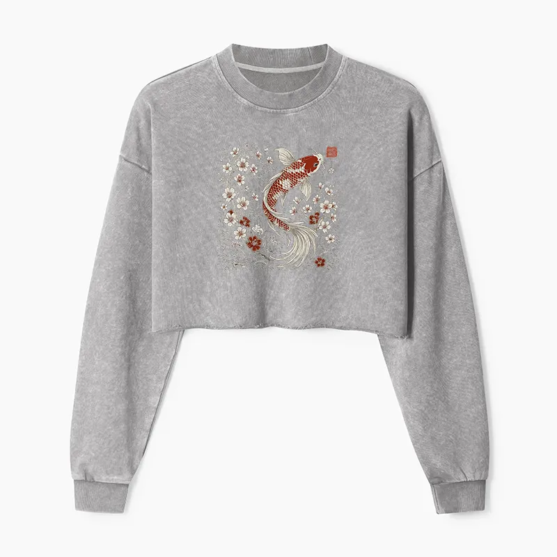 Tokyo-Tiger Vintage Sakura And Koi Washed Crop Sweatshirt