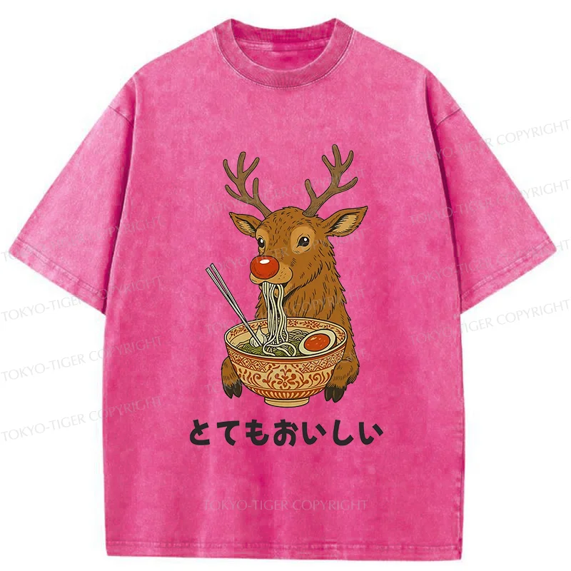 Tokyo-Tiger Reindeer Eating Ramen Washed T-Shirt