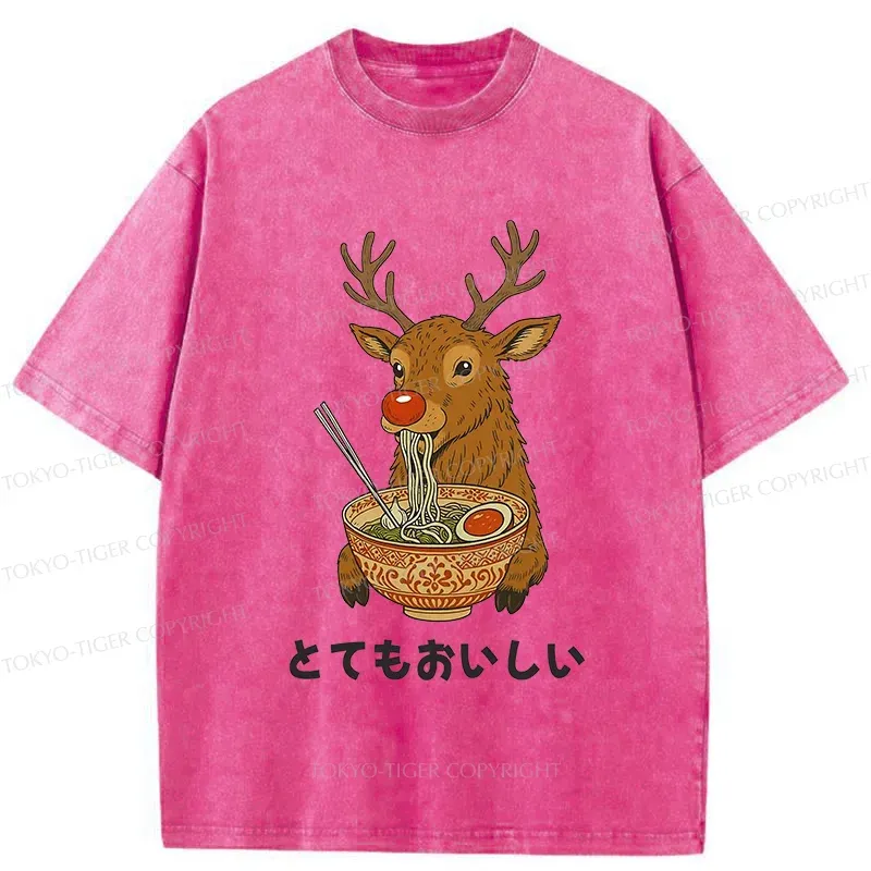 Tokyo-Tiger Reindeer Eating Ramen Washed T-Shirt