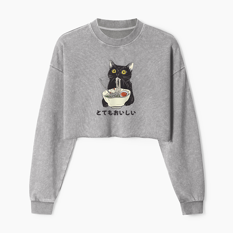 Tokyo-Tiger Cats Eat Ramen Noodles Washed Crop Sweatshirt