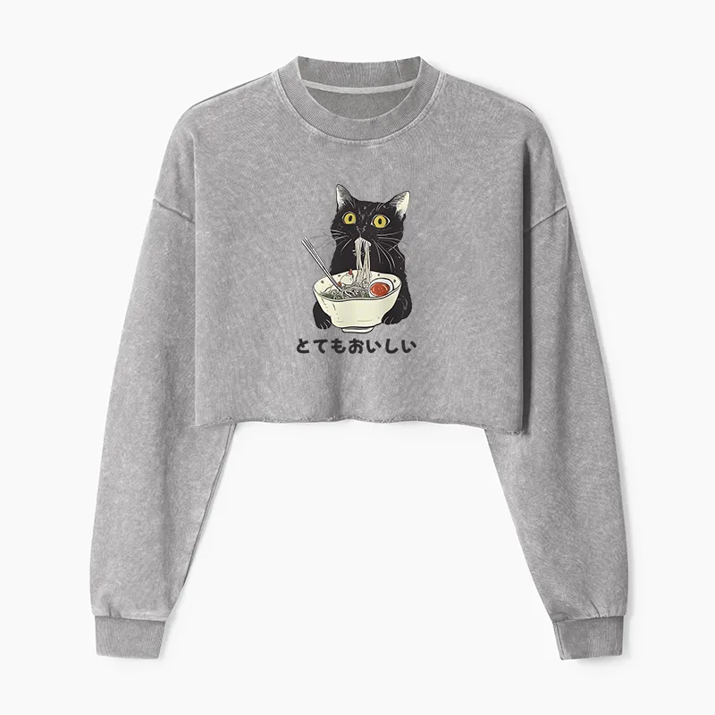 Tokyo-Tiger Cats Eat Ramen Noodles Washed Crop Sweatshirt