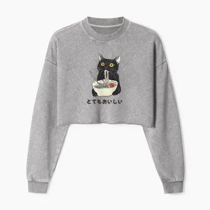 Tokyo-Tiger Cats Eat Ramen Noodles Washed Crop Sweatshirt