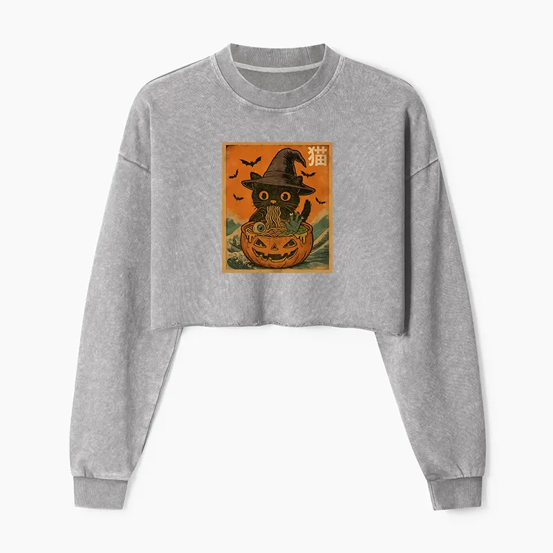 Tokyo-Tiger Halloween Cat Eating Ramen Washed Crop Sweatshirt