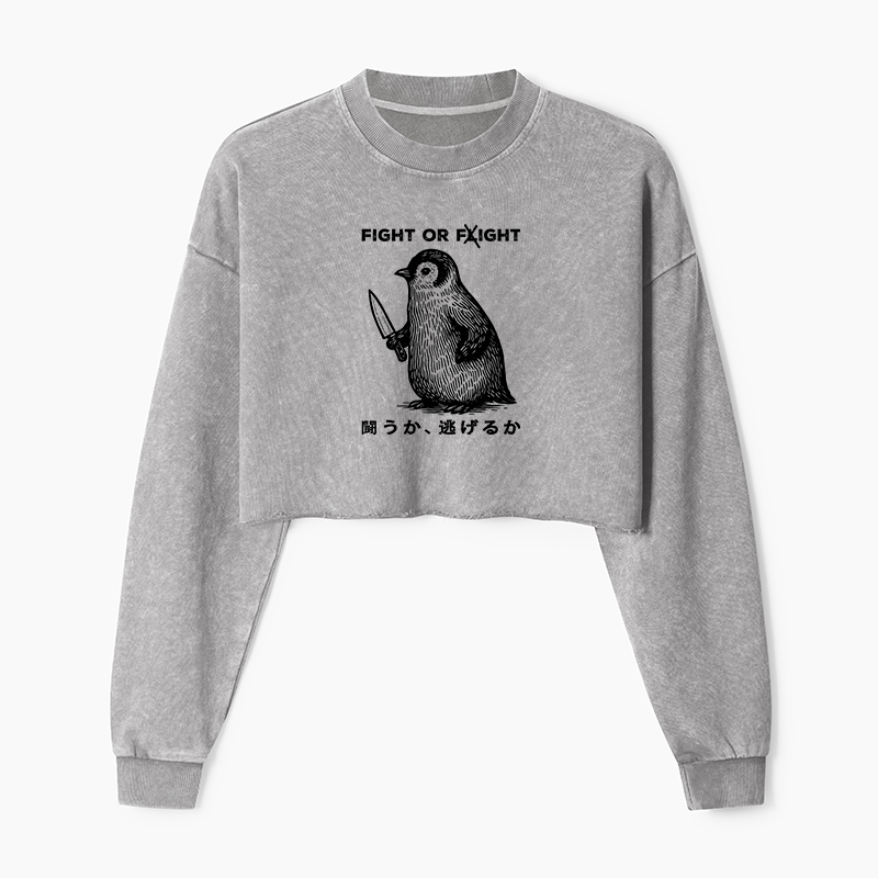 Tokyo-Tiger Funny Fight Or Flight Washed Crop Sweatshirt