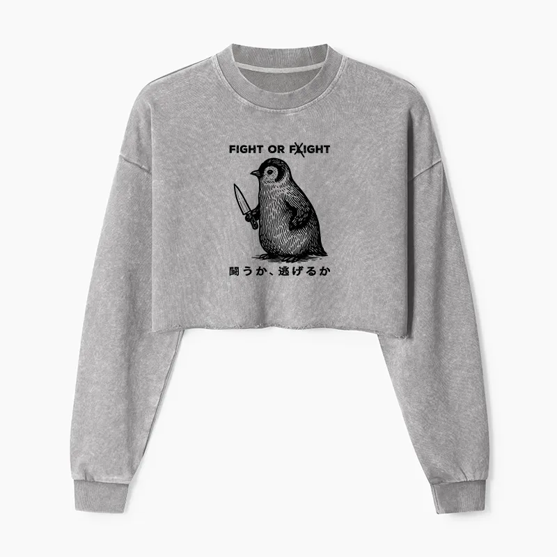 Tokyo-Tiger Funny Fight Or Flight Washed Crop Sweatshirt