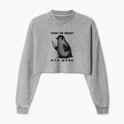 Tokyo-Tiger Funny Fight Or Flight Washed Crop Sweatshirt