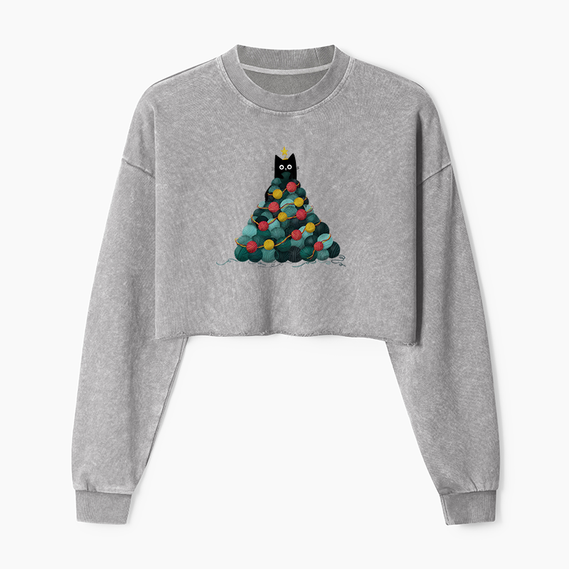 Tokyo-Tiger Yarn Christmas Tree Cat Washed Crop Sweatshirt