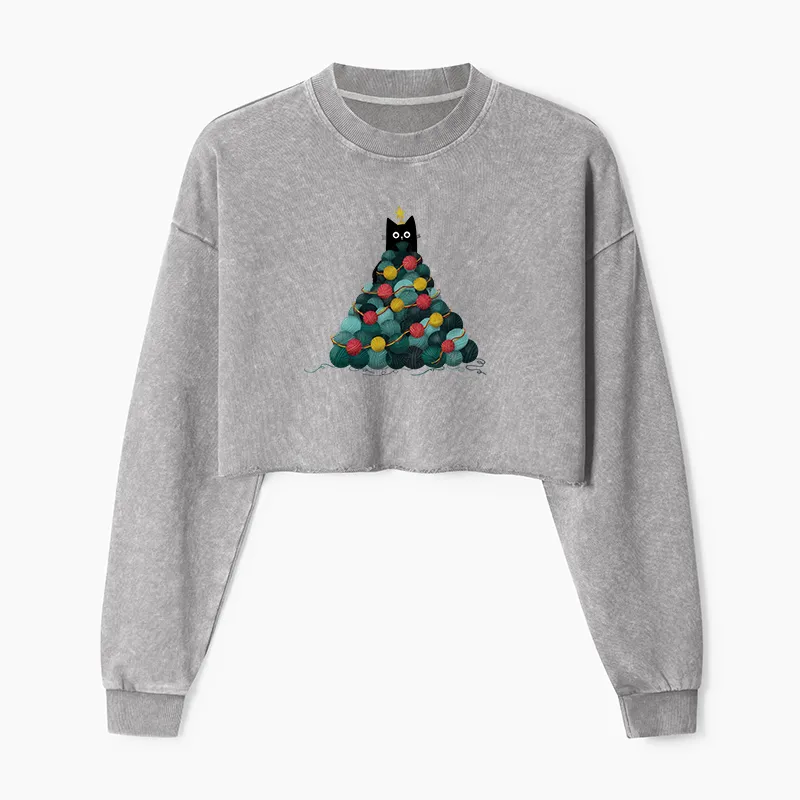 Tokyo-Tiger Yarn Christmas Tree Cat Washed Crop Sweatshirt
