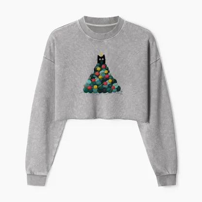Tokyo-Tiger Yarn Christmas Tree Cat Washed Crop Sweatshirt