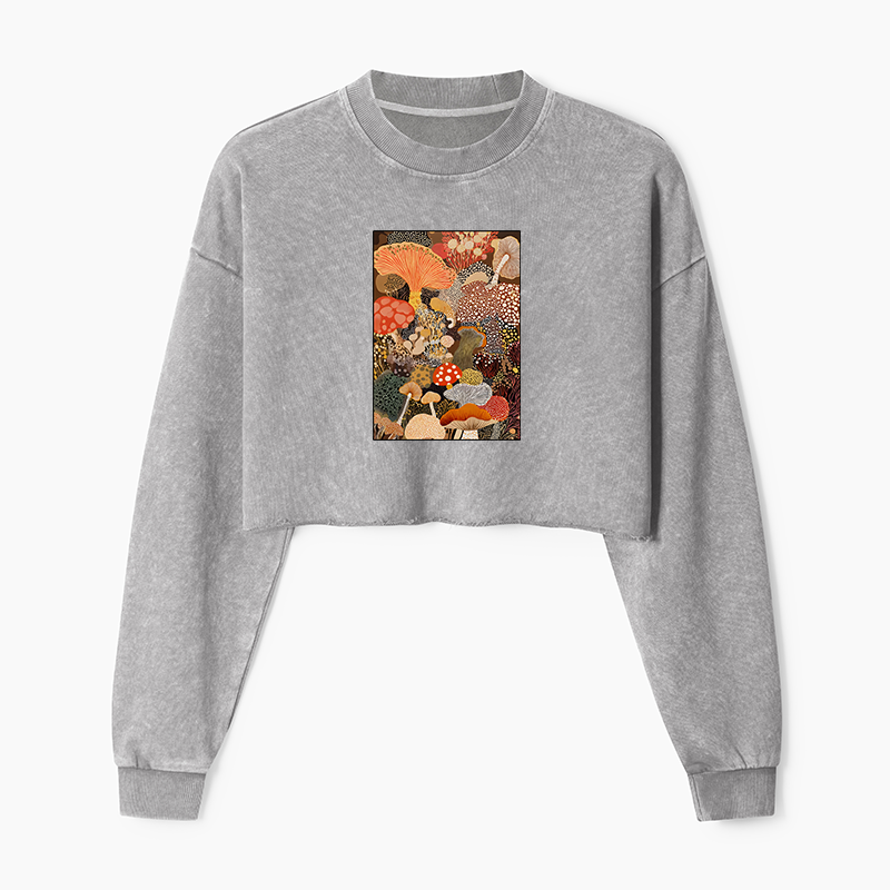 Tokyo-Tiger Psychedelic Mushroom Paintings Washed Crop Sweatshirt