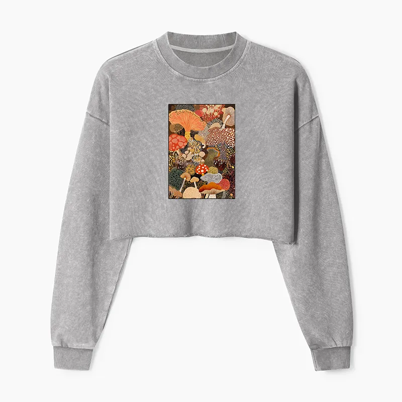 Tokyo-Tiger Psychedelic Mushroom Paintings Washed Crop Sweatshirt